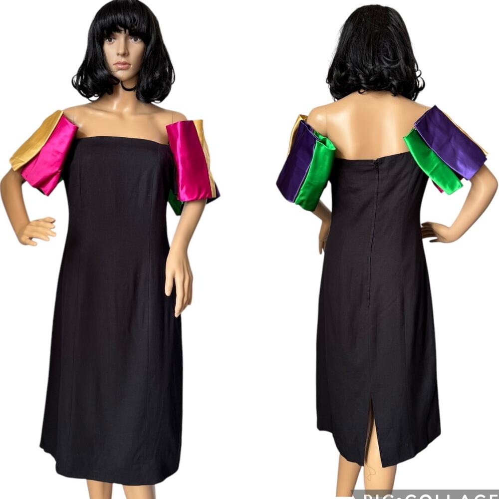 Vintage 80's black with off shoulder multi colors puff satin sleeves size s-m - Picture 2 of 16